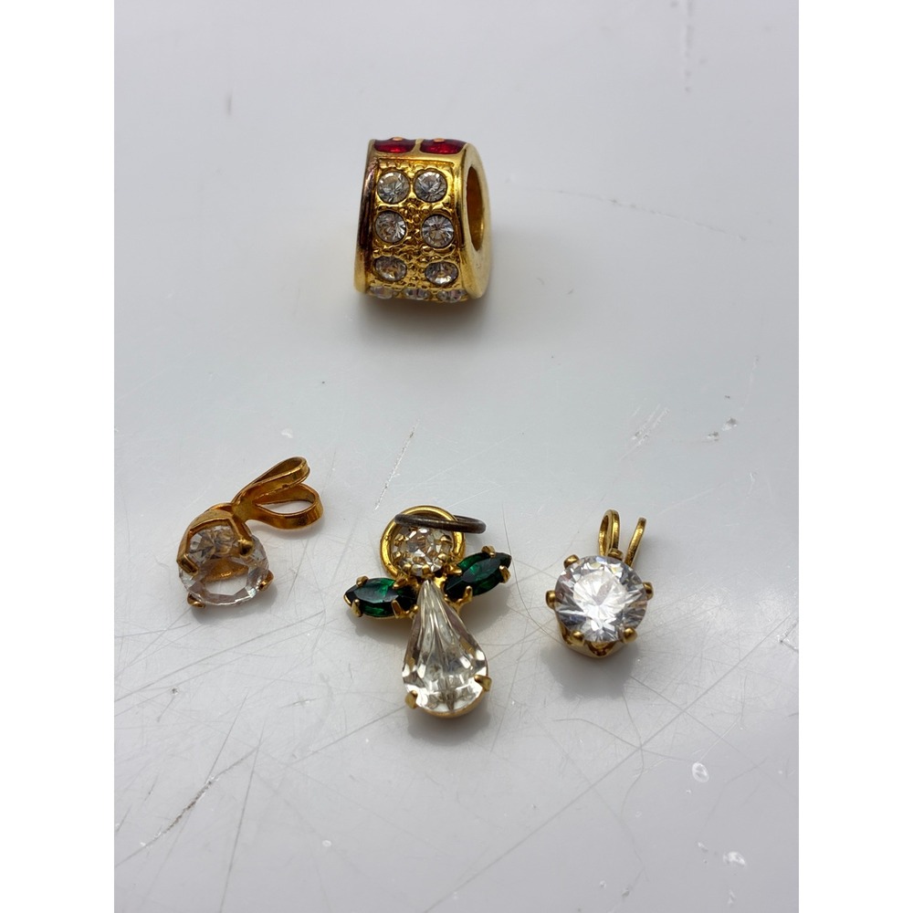 Gold Tone Jewelry Charms Lot of 4 Angel Enamel Barrel Crystal Solitaire Pendants